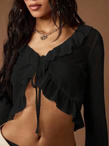 MISSGUIDED Long Sleeve Ruffle Blouse Cropped V Neck Summer Beach Boho Festival Occasion Top With Adjustable Front Tie Sheer Sleeves Flowy Chiffon - Black - View 6