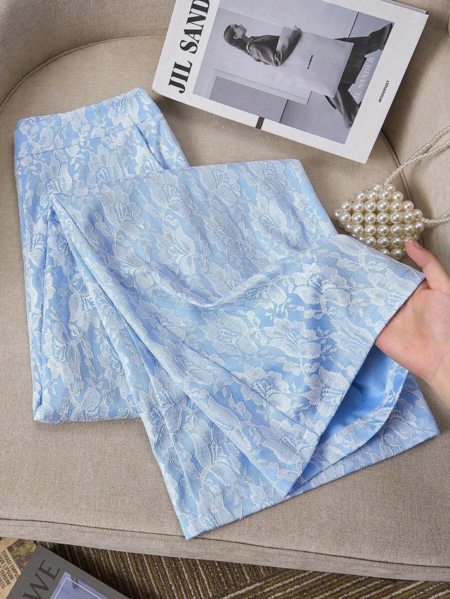 SHEIN Clasi Elegantes romantisches blaues Spitzenkleid aus Composite-Gewebe, entworfen für tägliche Fahrten, Dates, Einkaufen, Ausflüge und andere Anlässe, Frühling/Sommer - Blau - Übersicht 1