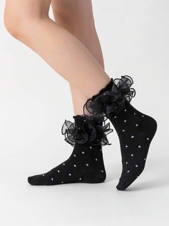 Goth Women's Short Socks, Mid-Calf Socks With Ruffle Trim, Lace Decorated Ladies Socks