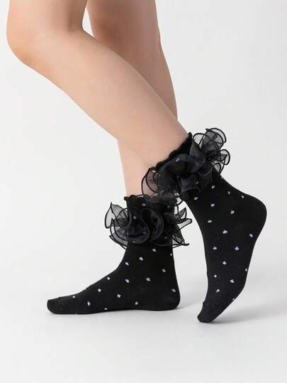 Goth Calcetines cortos para mujer, calcetines de media pantorrilla con ribete Ruffle, calcetín para damas con cordones