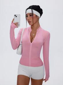 Gameset SHEIN Sport 女士网眼拼布拉链运动夹克 - 粉色 - 查看 5