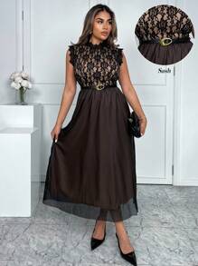 Xyvia Damen Midi Kleid mit Blumen Spitzen Patchwork-Muster und ärmellos, elegant - Schwarz - Übersicht 1