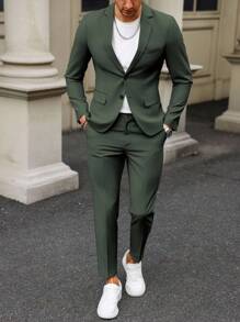 Calvornis 男士简约纯色翻领西装外套和裤子套装，适合工作和通勤 - 軍綠色 - 查看 4