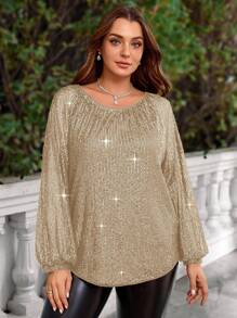 EMERY ROSE Blusa de talla grande para mujer con bordado de perlas navideñas