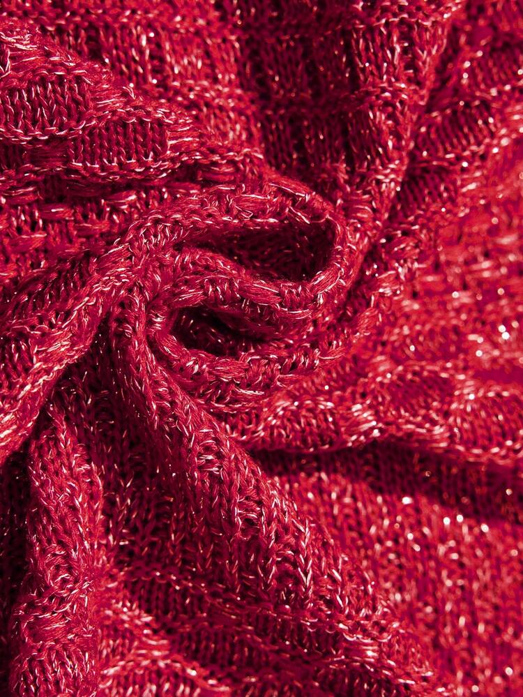 SHEIN Maija 2025 Flared Sleeve Fitted Women's Knit Dress, Suitable For Early Autumn Vacation, Party Season,4th Of July Women,Country Concert Outfit,Vintage,Teacher,Red Dress,Party,Metallic Thread,School, Red Knit Dress Red Long Sleeve Dress Hollow Out Dress Red Cover Up Swim,Fall Women Clothes,Party