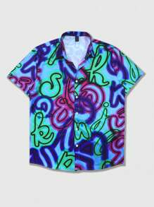 ROMWE MEN Street Life Men's Summer Fashion Letter Print Short Sleeve Shirt - Blue - View 1