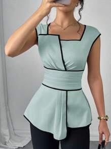 SHEIN Clasi 女士优雅撞色边不对称衬衫，夏季 - 淺藍色 - 查看 7