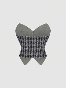 SHEIN MOD Women's Black & White Plaid Asymmetric Hem Fitted Bustier Top,Autumn,Fall Women Clothes,Back To School Clothes,Office Wear Women,Old Money Style Women,Business Professional Women,Y2k Clothes