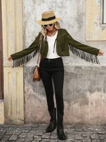 SHEIN VCAY Women's Long Sleeve Fringe Design Fashion Woven Solid Color Jacket In Fall/Winter - Army Green - View 7