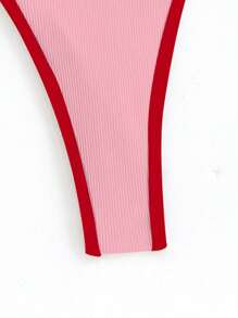 SHEIN Swim 女士夏季度假海滩撞色装饰吊带比基尼套装 - 粉色 - 查看 5