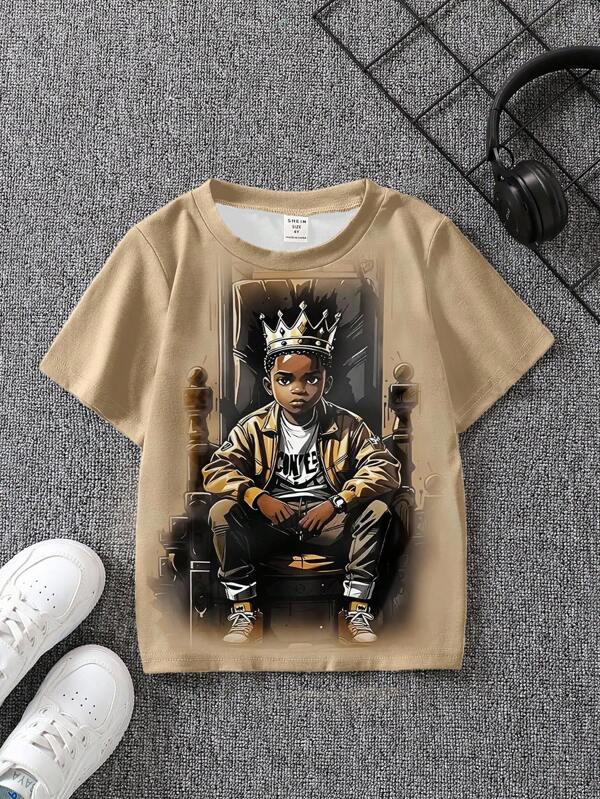 GraphicGems Boy Casual Creative Printed Crown On Chair Design Short Sleeve Round Neck T-Shirt, Funny Summer Tops