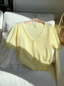 Comfortcana 秋季女款纯色短袖单排扣轻薄黄色开衫 - 黃色 - 查看 3