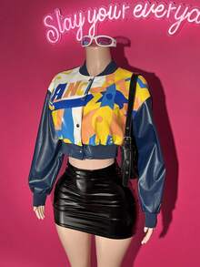 Slaydiva 2025新款初秋冬季休闲街头棒球服日常约会复古学院风标语Logo撞色星形印花藏蓝色PU夹克机车夹克女式夹克Y2K短款上衣夹克80年代女装秋冬女装冬季外套 - 藏蓝色 - 查看 6