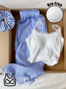 Comfortcana Women's Summer Casual Lace Trim Camisole & Striped Pants 2 Pieces Set,Back To School - Blue - View 1