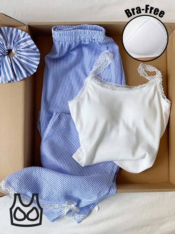 Comfortcana Conjunto de 2 piezas de camiseta sin mangas y pantalones a rayas con ribete de encaje casual de verano para mujer