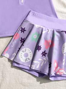 年轻女孩植物印花无袖分体泳衣，夏季海滩度假 - 紫色 - 查看 5