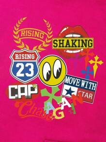 ROMWE MEN Prep Spring/Summer Casual Graphic Pink Men's Loose Short Sweatshirt With Shiny Sequin Decor, Streetwear, Fall, Y2K - Hot Pink - View 5