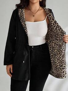 SHEIN Tall CURVE Jachetă cu glugă reversibilă cu imprimeu leopard, mărime plus, pentru femei, toamnă - Negru - Vizualizare 7