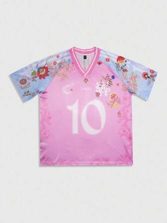 Prep Camiseta de manga raglán con estampado numérico y floral, estilo deportivo casual para hombre, verano