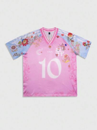 Prep T-shirt à manches raglan avec imprimé numérique et floral, style casual de rue sportif pour hommes, style années 2000