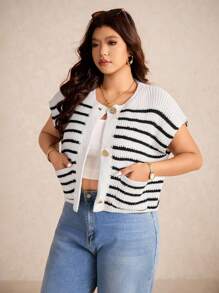 SHEIN Elaquor Cárdigan de punto grueso de ajuste holgado con botones metálicos, patrón de rayas, minimalista y versátil, para talla grande, otoño - Blanco y Negro - Ver 4