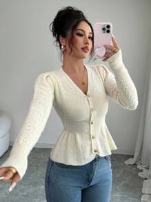 Elenzga Women's Elegant Ruffled V-Neck Waist Fitted Knit Cardigan Sweater, Suitable For Holiday & Vacation, Autumn/Winter Fall Cloth For Women - Apricot - View 6