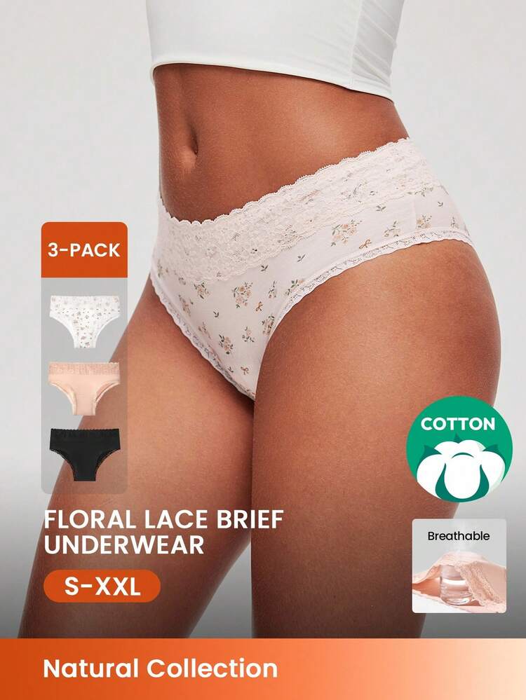 3-Pack Lace Trim Cotton Mid-Rise Cheeky Panties Set- Floral Print Lace Trim