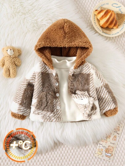SHEIN Newborn Baby Boy Plaid Color Block Thermal Lined Hoodie Cardigan, Soft & Comfortable Essential All-Match, Autumn/Winter Fall