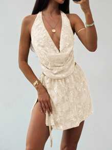 Aloruh Bộ 2 món áo hở lưng thêu sequin gợi cảm và chân váy mini cho nữ, mùa hè - Màu be - Xem 1