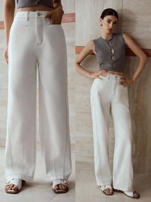 MOTF PREMIUM Pantalones vaqueros rectos con bolsillos parche y puntadas contrastantes, estilo casual - Blanco - Ver 1