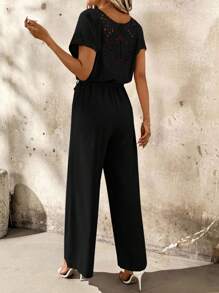 SHEIN Clasi Contrast Lace Batwing Sleeve Jumpsuit For Women - Black - View 2