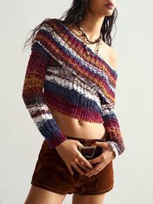 Bohemela Áo len dệt kim hở vai dài tay ngắn họa tiết sọc nhiều màu phong cách Boho mùa hè/thu dành cho nữ, thích hợp mặc khi đi nghỉ, mặc hàng ngày và mặc khi trở lại trường - Nhiều màu - Xem 3