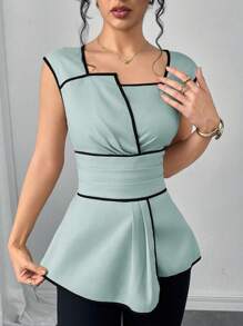 SHEIN Clasi 女士优雅撞色边不对称衬衫，夏季 - 淺藍色 - 查看 4