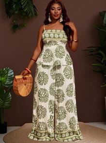 Veslaya 2pcs/Set Spring/Summer Green Abstract Floral Print Tank Top And Wide Leg Capri Pants - Multicolor - View 2