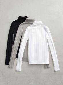 SHEIN LUNE 3pcs Women's All-Match Classic Versatile Pullover Warm Casual Sweaters, Autumn/Winter Turtleneck Sweater Women Women Turtleneck Tops Winter Sweaters For Women High Neck Sweaters Ribbed Turtleneck Sweater Petite In Woman Clothing Airport For Women Fall Sweaters Fall Tops Women Autumn Cute Tops For Women - Grey - View 2