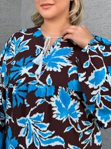 EURMUSE Đầm suông rộng tay đèn lồng cổ buộc họa tiết hoa cỡ lớn dành cho nữ - Màu xanh lam - Xem 5