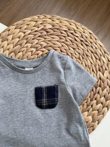 SHEIN 2pcs/Set Dozemod Kids Baby Boy Plaid Pattern Pocket Tee & Plaid Shorts Comfy Casual Pajama Set - Grey - View 9