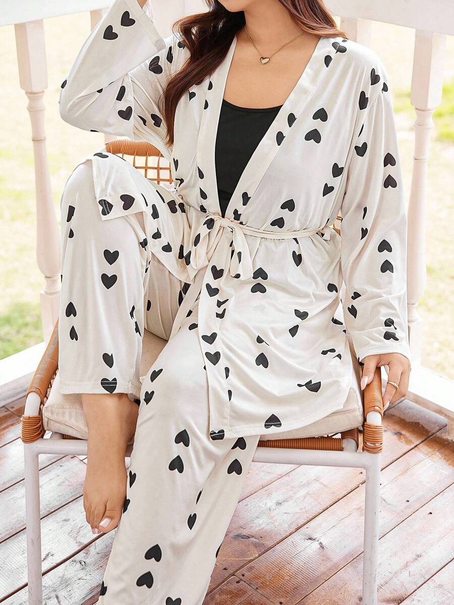 Dream Adore Plus Size Women 3pcs Pajama Set: Heart Print Knitted Cami Top, Pants And Robe, Fall & Winter Clothes, Cozy Outfit - Multicolor - View 1