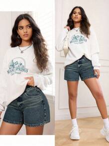 SHEIN PETITE 女式休闲宽松口袋牛仔短裤 - 藍色 - 查看 1