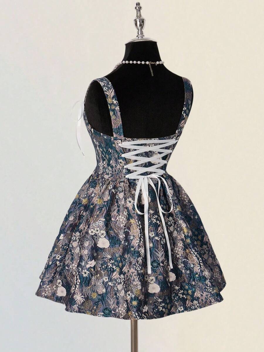 SHEIN ICON Robe camisole de mode à jacquard floral avec nœud devant et froncée