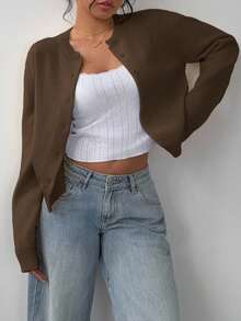SHEIN BASICS Casual Solid Color Round Neck Long Sleeve Loose Cropped Women Sweater Cardigan In Fall/Winter - Brown - View 5