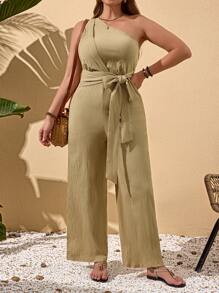 SHEIN LUNE Plus Size Women's Vacation Sleeveless Solid Color Tie Waist Wide Leg Jumpsuit - Apricot - View 3
