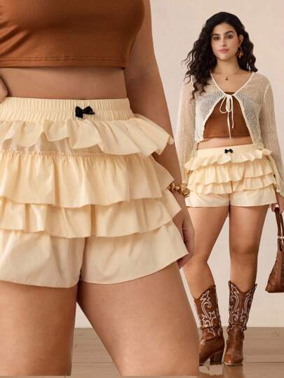 SHEIN MOD Pantalones cortos con volantes y lazo decorativo para mujer de talla grande, apropiado para volver al colegio, estilo vintage, citas, festivales y fiestas