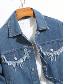 Manfinity Homme Plus Size Men's Long Sleeve Casual Street Letter Print Raw Edge Flap Detail Denim Jacket, Fall - Light Wash - View 3