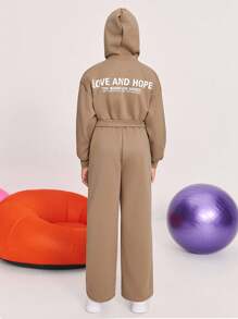 Leap Crew Leap Crew Bộ quần áo hoodie và quần dài thoải mái thường ngày cho bé gái tuổi teen có họa tiết in ở mặt sau - Màu Khaki - Xem 2