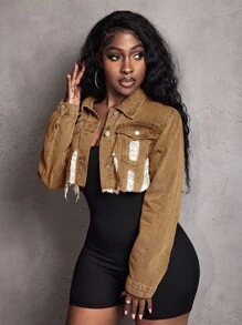 Slaydiva Women's Long Sleeve Single-Breasted Distressed Cropped Denim Jacket - Khaki - View 5