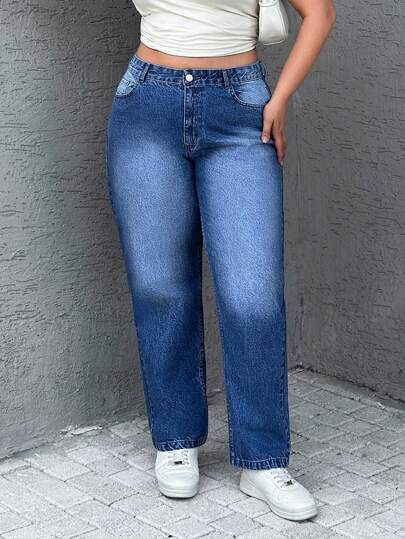 SHEIN Plus Size Casual Washed High Waist Tapered Jeans Wide Leg Jeans Woman Loose Jeans Oversized Jeans Baggy Jeans Y2k Mom Jeans