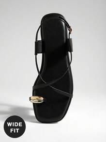 SHUZIA 女式宽版时尚休闲方头系带人字凉鞋，镀金装饰 - 黑色 - 查看 6