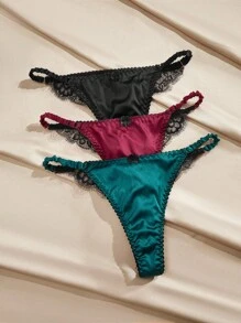 LuxeNights Elegant French Contrast Color Sexy Seamless Thong (Satin + Lace) - Multicolor - View 1