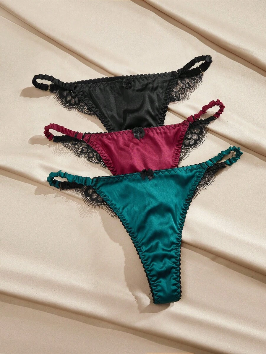 LuxeNights Elegant French Contrast Color Sexy Seamless Thong (Satin + Lace) - Multicolor - View 1